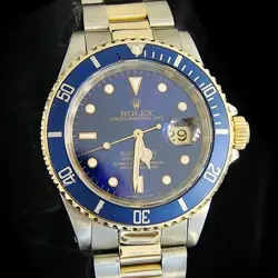 ROLEX SUBMARINER DATE MENS 18K YELLOW GOLD & STEEL WATCH BLUE DIAL BEZEL 16613