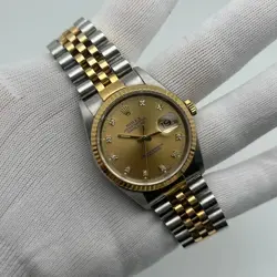 ROLEX DATEJUST 36MM 18K YELLOW GOLD STEEL CHAMPAGNE DIAMOND DIAL WATCH 16233