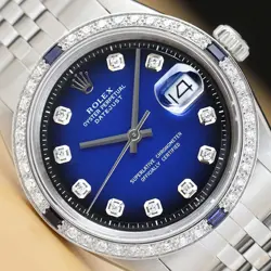 ROLEX DATEJUST BLUE VIGNETTE 18K GOLD SS DIAMOND SAPPHIRE WATCH W/ FOLDED BAND