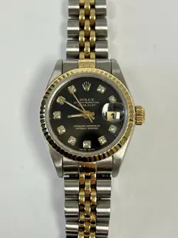 ROLEX OP DATEJUST STEEL 18K GOLD BLACK DIAMOND DIAL 26MM AUTOMATIC WATCH 69173