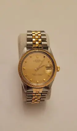 ROLEX 15053 OYSTER PERPETUAL DATE 34MM CHAMPAGNE 18K GOLD STEEL TWO-TONE WATCH 