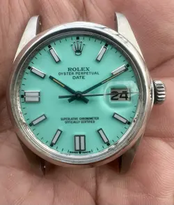 VINTAGE ROLEX OYSTER PERPETUAL DATE REF 1500 TIFFANY BLUE CUSTOM DIAL YEAR 1975
