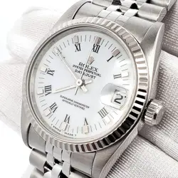 ROLEX DATEJUST 31MM WHITE ROMAN DIAL WHITE GOLD FLUTED BEZEL JUBILEE STEEL WATCH