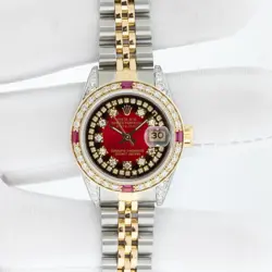 Rolex Lady DateJust Red Diamond Watch Steel and 18k Gold Diamond Ruby Bezel