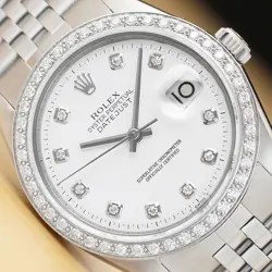 ROLEX MENS DATEJUST WHITE DIAL 18K WHITE GOLD STEEL DIAMOND WATCH W/ FOLDED BAND