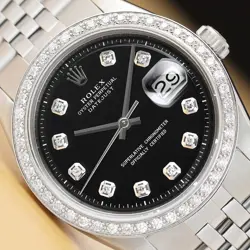 ROLEX MENS DATEJUST BLACK DIAL 18K WHITE GOLD STEEL DIAMOND WATCH W/ FOLDED BAND