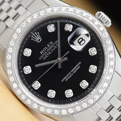 ROLEX MENS DATEJUST BLACK DIAL 18K GOLD STEEL DIAMOND WATCH W/ ROLEX FOLDED BAND