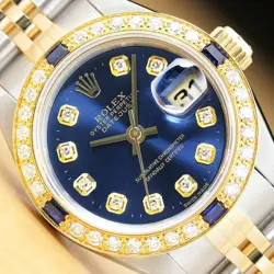 ROLEX LADIES DATEJUST 18K YELLOW GOLD SAPPHIRE DIAMOND & STEEL WATCH 79173