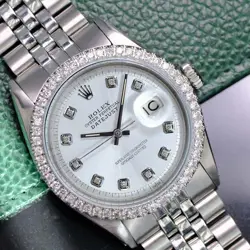 ~ROLEX MENS DATEJUST STEEL SILVER DIAL DIAMOND BEZEL 36MM WATCH 1601 1.80CTW