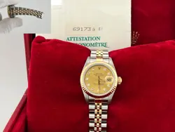 ROLEX LADIES DATEJUST 69173 CHAMPAGNE DIAMOND DIAL STAINLESS 18K GOLD BOX PAPER