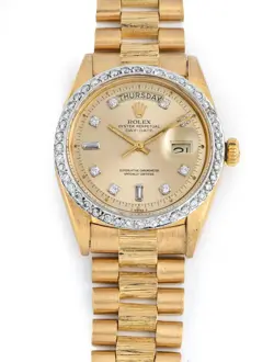 ROLEX DAY-DATE 36MM 18K YELLOW GOLD PRESIDENT BARK FINISH DIAMOND DIAL AND BEZEL