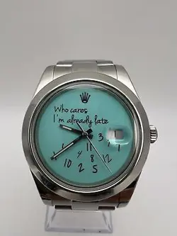 ROLEX DATEJUST 41MM 116300 CUSTOM TURQUOISE WHO CARES I'M ALREADY LATE DIAL