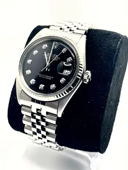 ROLEX MENS DATEJUST 18K WHITE GOLD STAINLESS STEEL BLACK DIAMOND WATCH