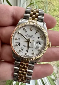 ROLEX DATEJUST 36MM 16233 TWO TONE 18KT GOLD & STEEL WHITE ROMAN DIAMOND DIAL