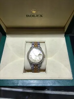 36MM TWO TONE ROLEX DATE JUST JUBILEE BAND ROMAN NUMERAL CHAMPAIGN DIAL DIAMONDS