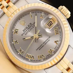 ROLEX LADIES DATEJUST 69173 GRAY ROMAN DIAL 18K YELLOW GOLD STEEL 2-TONE WATCH