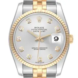 ROLEX DATEJUST STEEL YELLOW GOLD SILVER DIAMOND DIAL MENS WATCH 116233