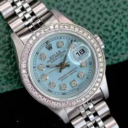 ~ROLEX LADIES DATEJUST 69174 BLUE DIAL 18K WHITE GOLD STEEL 26MM DIAMOND WATCH