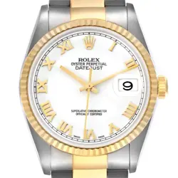 ROLEX DATEJUST 36 STEEL YELLOW GOLD WHITE ROMAN DIAL MENS WATCH 16233