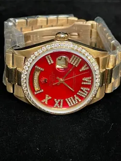 Rolex Day-Date 1803 Red Pearl Diamond Dial and Diamond Bezel 18kt President 36mm