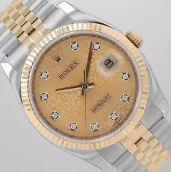 ROLEX MEN'S DATEJUST 36 TWO TONE CHAMPAGNE DIAMOND FLUTED SUPER JUBILEE 116233