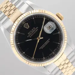 ROLEX MENS DATEJUST 36MM 16233 TWO-TONE BLACK INDEX DIAL FLUTED JUBILEE BAND