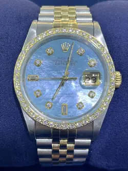 ROLEX DATEJUST 36MM BLUE MOP DIAMOND BEZEL 18K GOLD STEEL JUBILEE WATCH 16233