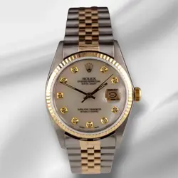 ROLEX DATEJUST 36MM YELLOW GOLD FLUTED WHITE MOP DIAMOND DIAL JUBILEE WATCH