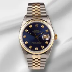 ROLEX DATEJUST 36MM YELLOW GOLD FLUTED DARK BLUE DIAMOND DIAL JUBILEE WATCH