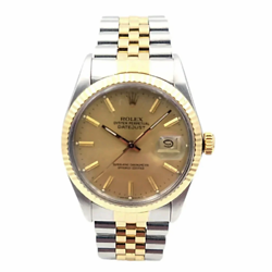 MEN'S ROLEX 36MM DATEJUST 18K GOLD / STEEL WATCH WITH GOLD DIAL & FLUTED BEZEL.