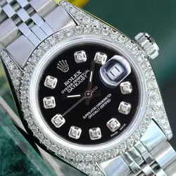 ~ROLEX LADIES DATEJUST 69174 WHITE GOLD STAINLESS STEEL BLACK DIAMOND DIAL BEZEL