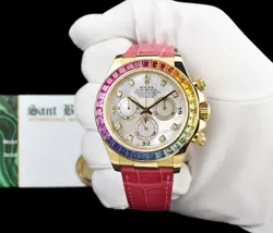 ROLEX 18kt Gold DAYTONA MOP Dial Rainbow Bezel Alligator Strap 116518 SANT BLANC