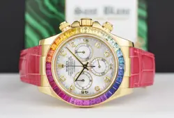 ROLEX 18kt Gold DAYTONA MOP Dial Rainbow Bezel Alligator Strap 116518 SANT BLANC