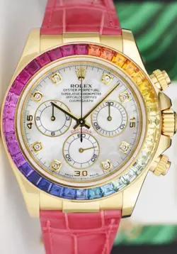 ROLEX 18kt Gold DAYTONA MOP Dial Rainbow Bezel Alligator Strap 116518 SANT BLANC