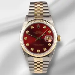 ROLEX DATEJUST 36MM YELLOW GOLD FLUTED RED DIAMOND DIAL JUBILEE WATCH