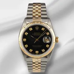 ROLEX DATEJUST 36MM YELLOW GOLD FLUTED BLACK DIAMOND DIAL JUBILEE WATCH