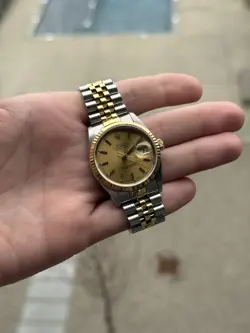 ROLEX DATEJUST TWO-TONE 18K YELLOW GOLD STEEL WATCH JUBILEE CHAMPAGNE DIAL 16233