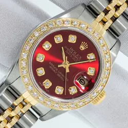 ROLEX LADY DATEJUST RED DIAMOND DIAL - STEEL AND 18K GOLD DIAMOND BEZEL WATCH