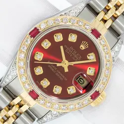 Rolex Lady DateJust Red Diamond Dial - Steel and Yellow Gold Diamond Bezel Watch