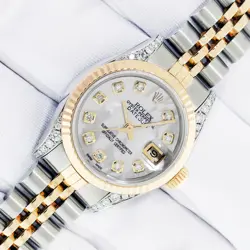 ROLEX LADY DATEJUST 26 MOP DIAMOND DIAL STEEL AND 18K GOLD DIAMOND BEZEL WATCH