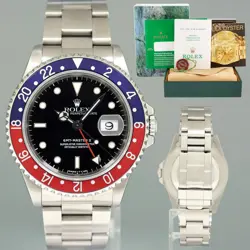 MINT 1999 PAPERS ROLEX GMT-MASTER 2 PEPSI BLUE RED OYSTER 40MM STEEL 16710 WATCH