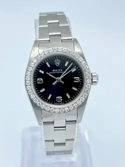 ROLEX OYSTER PERPETUAL 76080 24MM BLACK DIAL DIAMOND BEZEL STAINLESS STEEL BOX