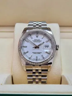 ROLEX DATEJUST 36 WHITE BATONS DIAMOND BEZEL 2010 BOX&PAPERS