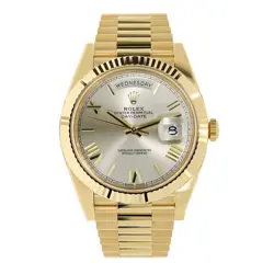 ROLEX DAY-DATE WATCH 40MM SILVER ROMAN NUMERALS DIAL YELLOW GOLD