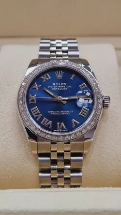 ROLEX DATEJUST 31 MM BLUE ROMAN NUMERALS CUSTOM DIAMOND BEZEL 2007 BOX&PAPERS