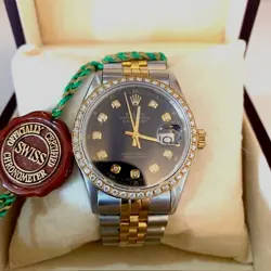 VINTAGE ROLEX DATEJUST MENS TWO-TONE WATCH BLACK DIAMOND DIAL & BEZEL