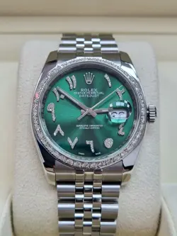 ROLEX DATEJUST 36 GREEN DIAMOND ARABIC DIAL DIAMOND BEZEL 2010 BOX&PAPERS