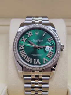 ROLEX DATEJUST 36 GREEN DIAMOND ROMAN DIAL DIAMOND BEZEL 2010 BOX&PAPERS
