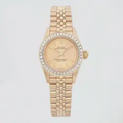 ROLEX OYSTER PERPETUAL 26MM 18K YELLOW GOLD DIAMOND BEZEL LADIES WATCH 67198
