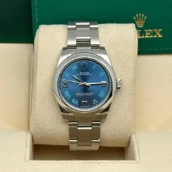 ROLEX OYSTER PERPETUAL 177200 31MM STEEL BLUE ROMAN DIAL LADIES WATCH 